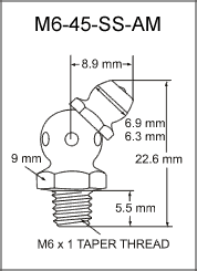 M6-45-SS-AM stainless steel grease fitting drawing