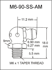 M6-90-SS-AM stainless steel grease fitting drawing