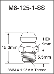 M8-125-1-SS stainless steel grease fitting drawing