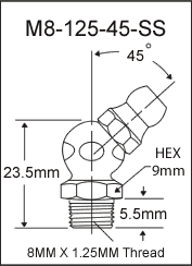 M8-125-45-SS stainless steel grease fitting drawing