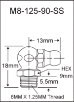 M8-125-90-SS stainless steel grease fitting drawing
