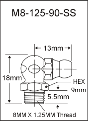 M8-125-90-SS stainless steel grease fitting drawing