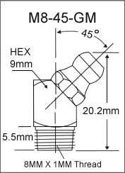 M8-45-GM metric grease fitting drawing