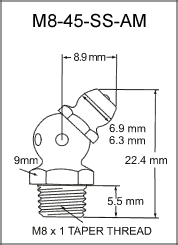 M8-45-SS-AM stainless steel grease fitting drawing
