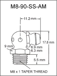 M8-90-SS-AM stainless steel grease fitting drawing