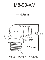 M8-90-AM metric grease fitting drawing